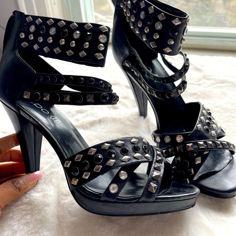 Edgy black and rhinestone studded open toe heel size 10